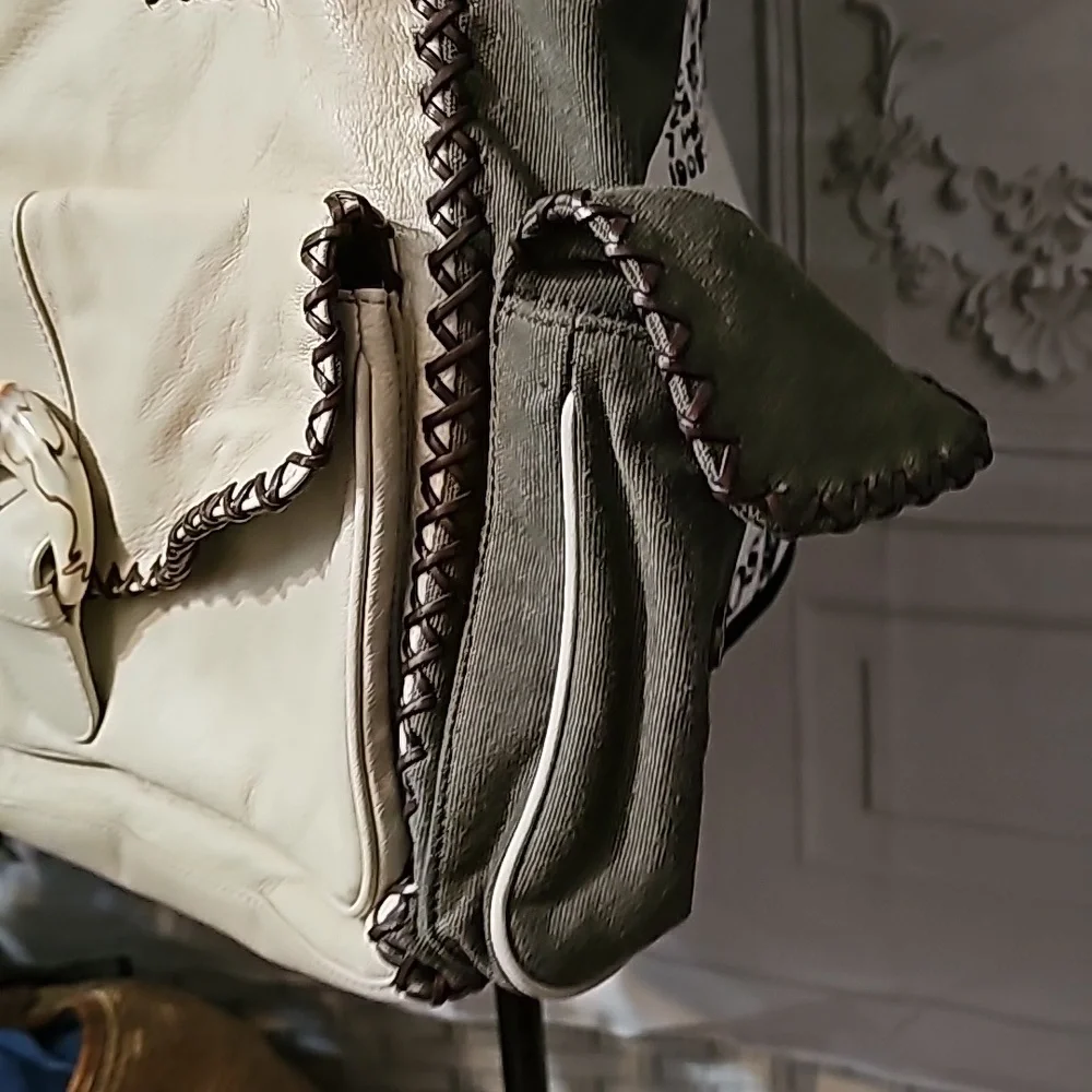 Sondra Roberts Cream/Olive Vegan Leather and Canvas Stitch Bag NWT - Picture 8 of 13